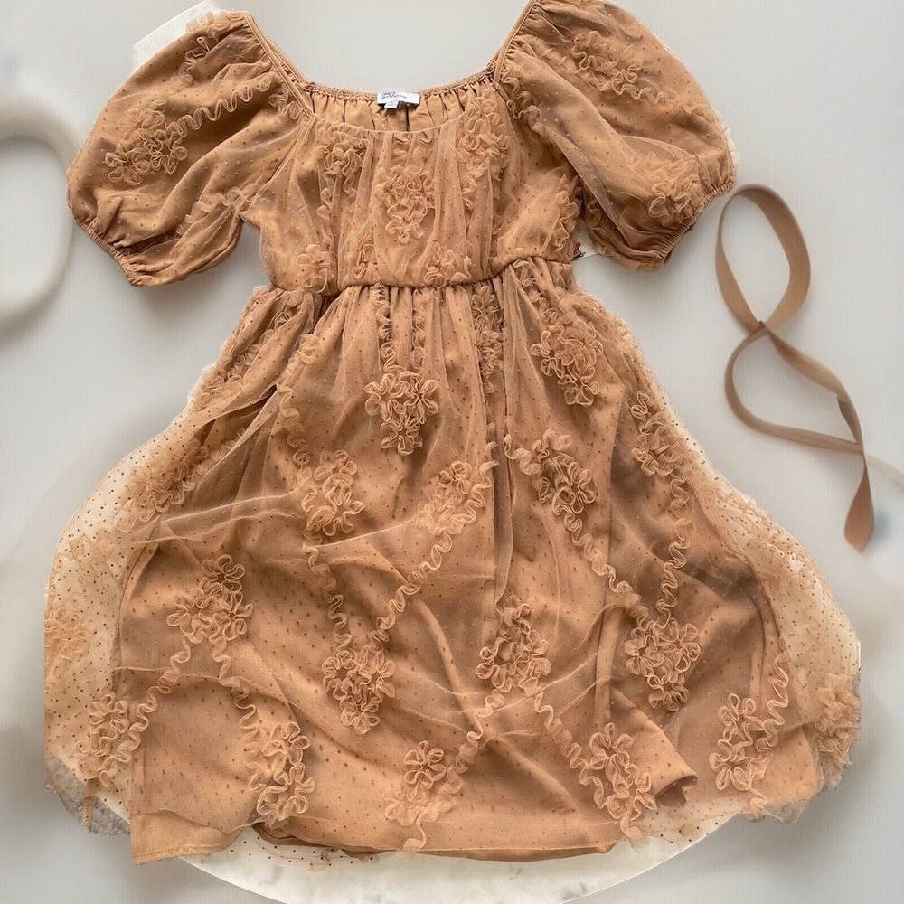 Anthropologie Polagram Lori Latte Mini Dress Womens S Tan Tulle Ruffle Swiss Dot